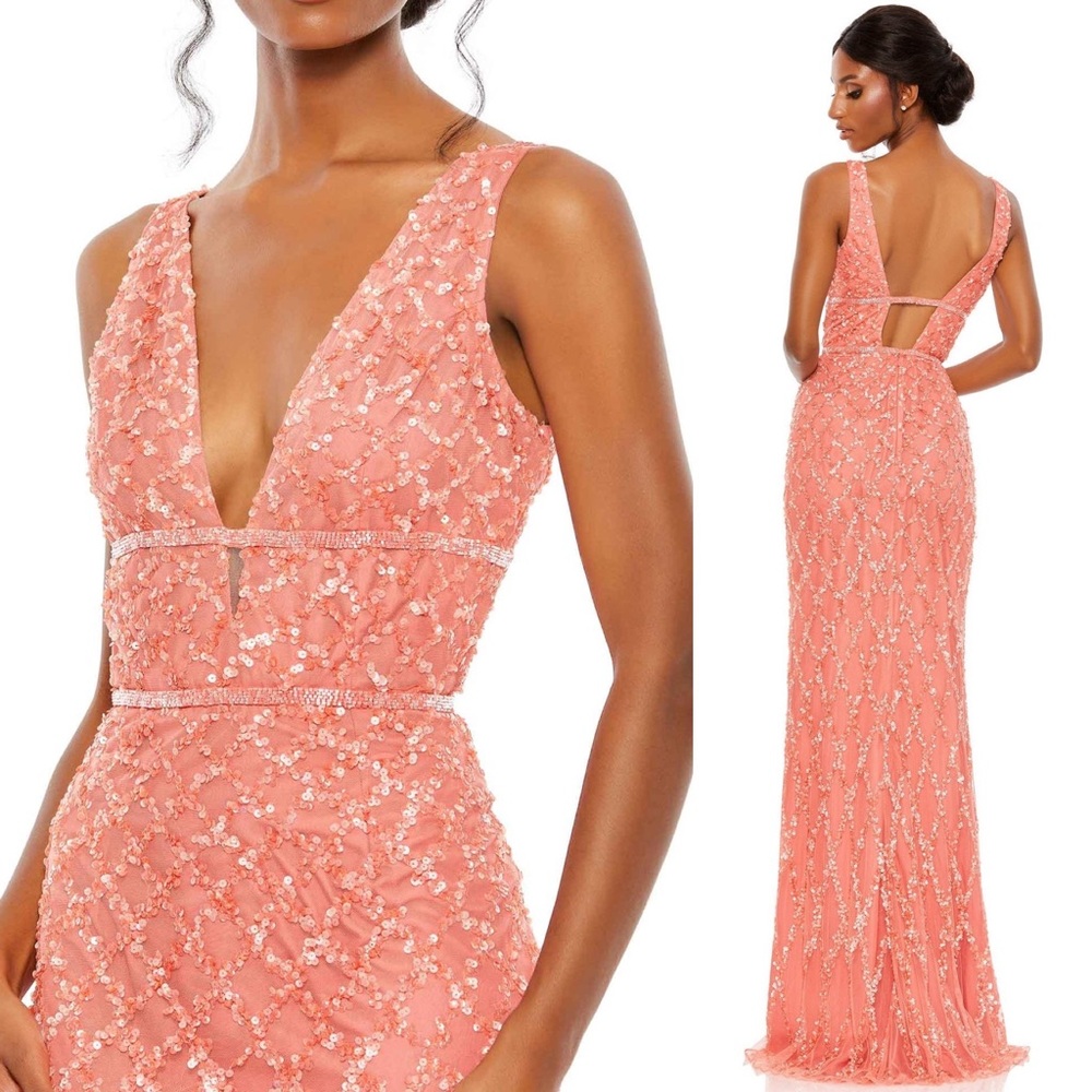 Mac Duggal #5669 Sequined Plunge Neck Sleeveless Column Dress 4